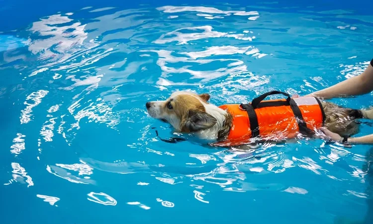 An adult corgi wearing an orange dog-lifejacket while swimming in a swimming pool with their owner. 