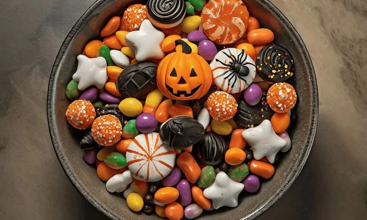 A black bowl full of Halloweens sweets in colours green, orange, purple, and black