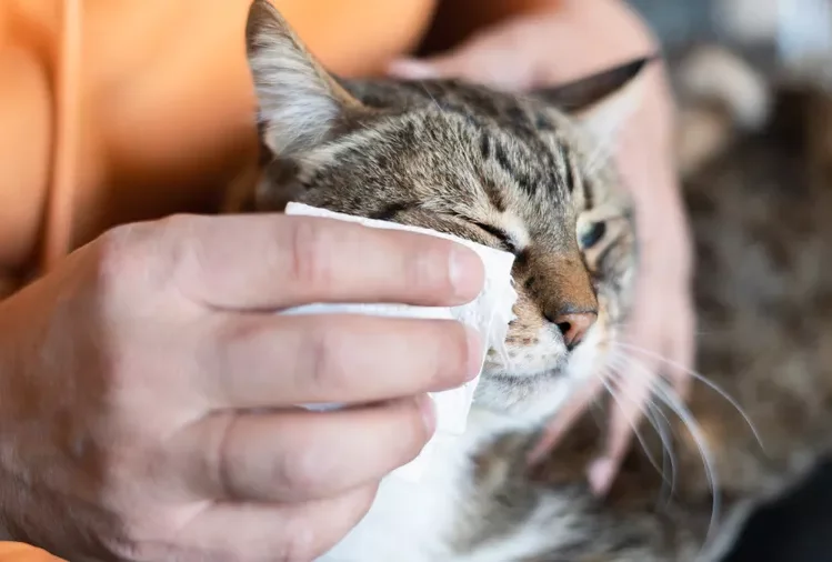 pet owner wipes the eye area of tabby cat