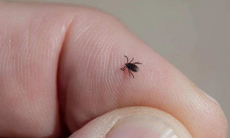 A close up of a tick crawling over someone's finger. 