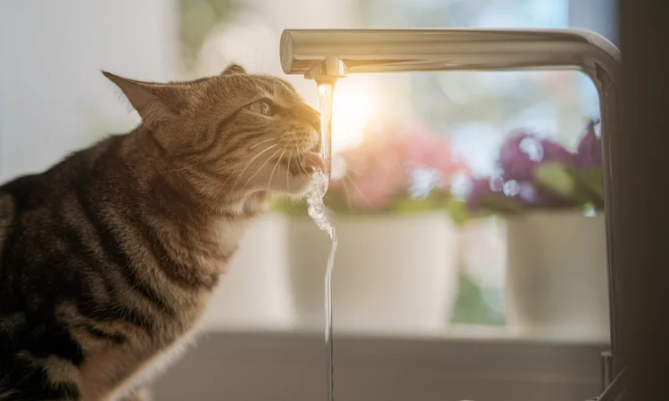 An adult tabby cat on a kitchen counter drinking water from a running tap
