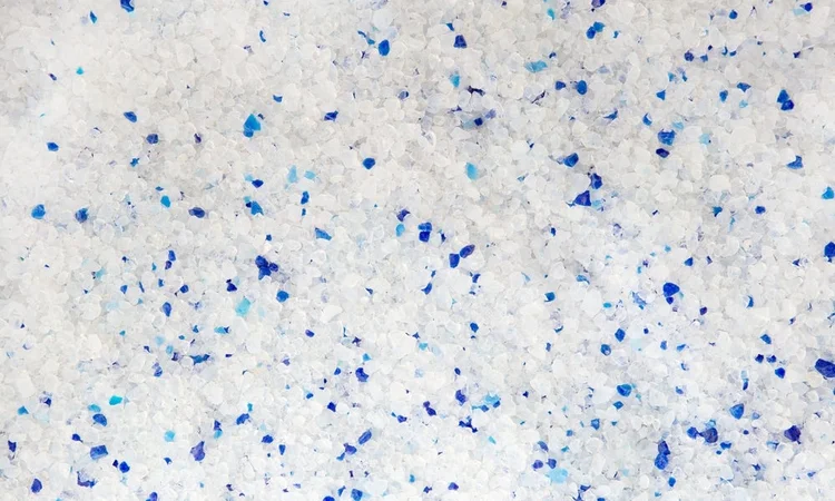 Close up view of white and blue silica crystal cat litter
